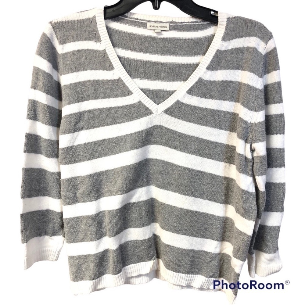 BOSTON PROPER STRIPED 3/4 SLEEVE SWEATER